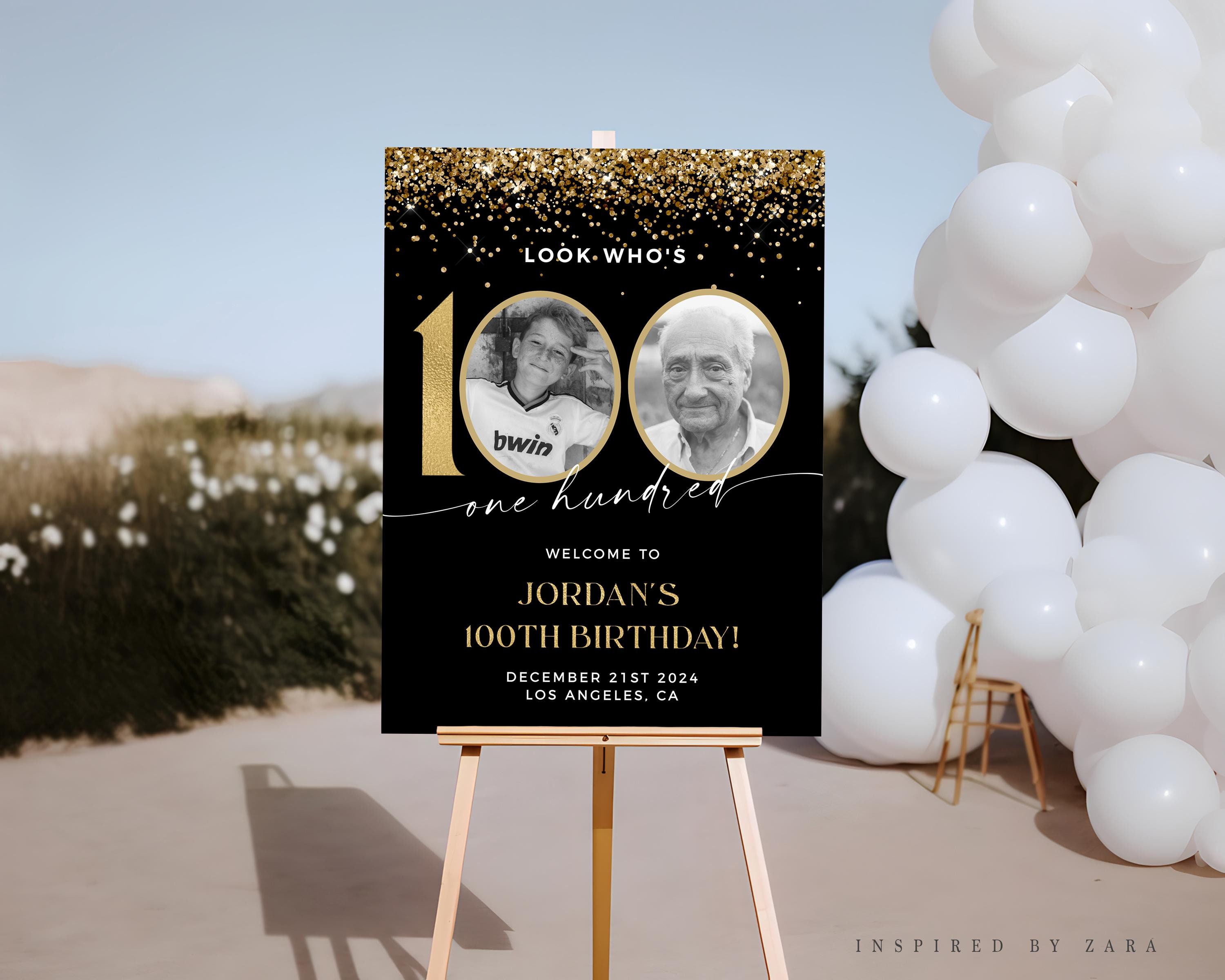 100th Birthday Welcome Sign, 100th Welcome Sign With Photo, Black and Gold Birthday Decorations, Male Welcome Poster, Editable Template