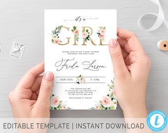 It's a Girl Baby Shower Invitation Template Editable Baby Shower Invite Floral Blush Shower Invitation Printable Baby Girl Invitation