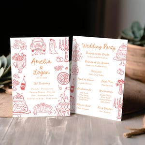 Skurrile Hochzeitsprogramm-Vorlage, handgezeichnetes Hochzeitsprogramm druckbare, bearbeitbare Vorlage, lustiges, schrulliges Zeremonienprogramm, rot und orange