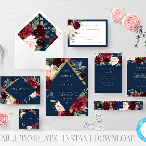 Burgundy and Navy Printable Wedding Invitation Set Canva - Etsy