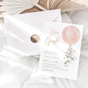Girl Baby Shower Invitation, Pink Balloon Baby Shower Template, Editable Template, It&#39;s A Girl Invitation, Balloons With Greenery