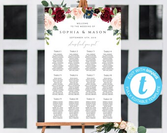 Burgundy Wedding Seating Chart Template Editable Seating Chart Blue and Burgundy Seating Arrangement DIY Wedding Seating Plan 110