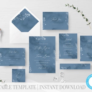 Dusty Blue Wedding Invitation Suite Editable Template Editable Invitation Elegant Wedding Invitation Printable Watercolor Wedding Invite 180