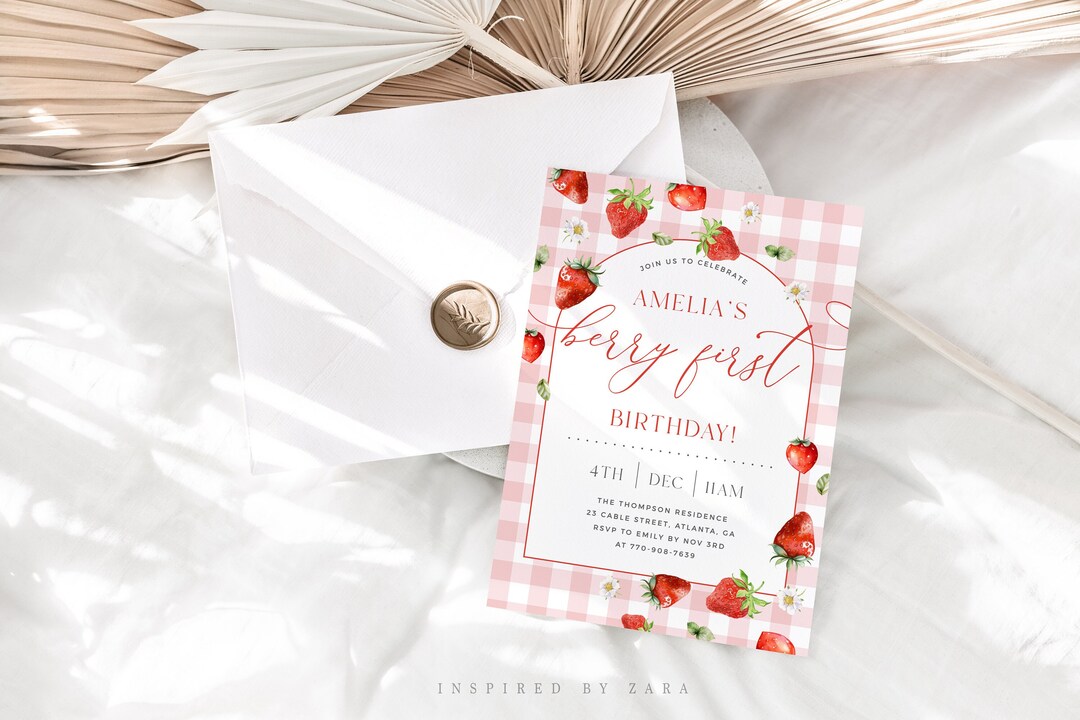 Berry First Birthday Invitation Template, Strawberry 1st Birthday, Pink ...