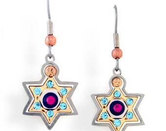 Star of David Earrings Gold Blue, Hand-Painted Jewish Jewelry, Hanukkah Gift for Her