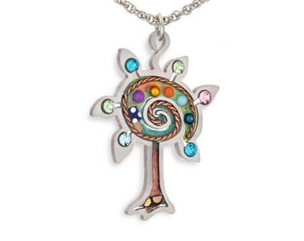 Tree of Life Necklace Rainbow, Hand-Painted Spiral Jewish Pendant, Gift for Her