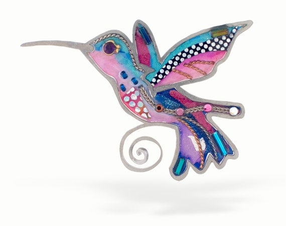 Hummingbird Pin Handmade, Blue Pink Bird Brooch, Nature Lover Gift for Women