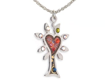Tree of Life Necklace Heart, Hand-Painted Jewish Pendant, Bat Mitzvah Gift for Her