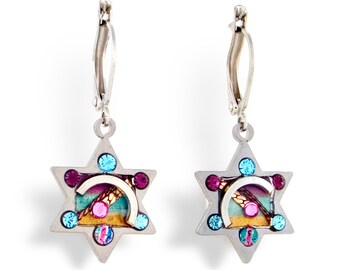 Star of David Earrings, Hand-Painted Teal Purple Jewish Jewelry, Judaica Gift for Her