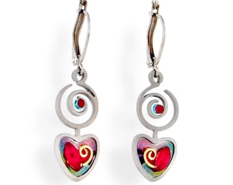Heart Spiral Earrings, Small Hand-Painted Dangle Earrings, Colorful Gift for Her