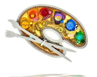 Painter's Palette Pin, Hand-Painted Artist Brooch, Gift for Artist Art Teacher