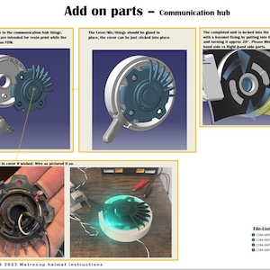 May include: A 3D printed communication hub with a lever, base, and cover. The hub is designed for a helmet and has a bayonet fitting. The instructions include a file list for the parts: COM-UNIT BASE, COM-UNIT BASE RH, COM-UNIT COVER, and COM-UNIT LEVER THINGY.