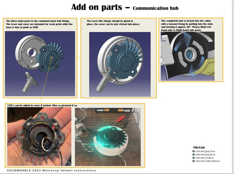 May include: A 3D printed communication hub with a lever, base, and cover. The hub is designed for a helmet and has a bayonet fitting. The instructions include a file list for the parts: COM-UNIT BASE, COM-UNIT BASE RH, COM-UNIT COVER, and COM-UNIT LEVER THINGY.