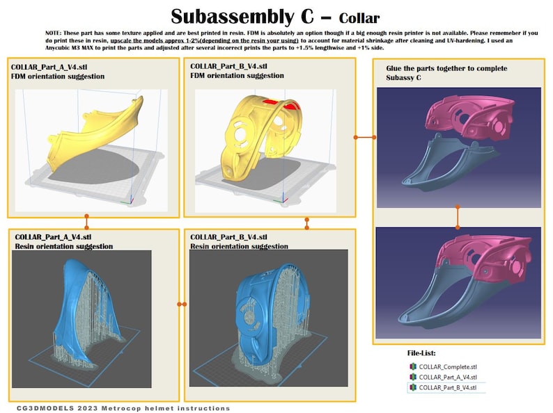 May include: A 3D printed model of a helmet collar, shown in different orientations for resin and FDM printing. The model is yellow and blue, and the instructions include a file list for the parts.