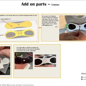 May include: Instructions for assembling a Metrocop helmet. The image shows a printed template for cutting out lens shapes from a transparent film. The template is labeled "Lensframe trim_template_VI". The image also shows a close-up of a hand holding a tool to cut out the lens shapes. The image also shows a close-up of a hand fitting a lens into the helmet frame.