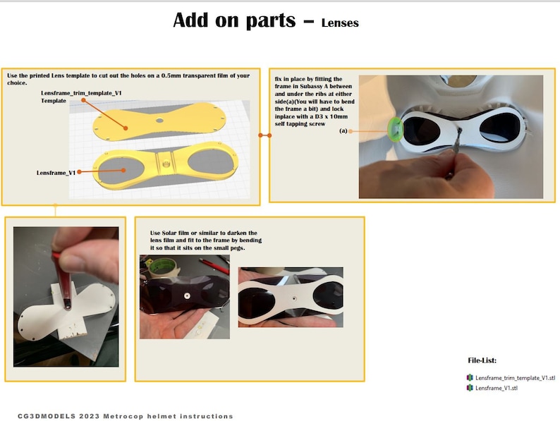 May include: Instructions for assembling a Metrocop helmet. The image shows a printed template for cutting out lens shapes from a transparent film. The template is labeled "Lensframe trim_template_VI". The image also shows a close-up of a hand holding a tool to cut out the lens shapes. The image also shows a close-up of a hand fitting a lens into the helmet frame.