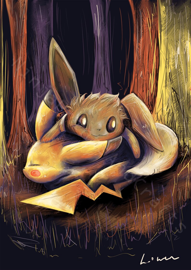 Pokémon Pikachu And Eevee Digital Painting Poster Etsy