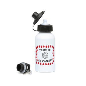 May include: White aluminum water bottle with a black lid and a red and black design. The design features a 20-sided die and the text "Tears of My Players".