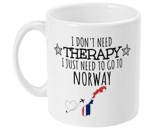 Funny Norway Travel Mug, "Therapy? Norway!"