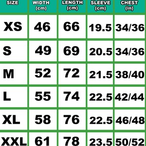 May include: Size chart with measurements in inches and centimetres for XS, S, M, L, XL, and XXL sizes. The chart shows width, length, sleeve length, and chest measurements.