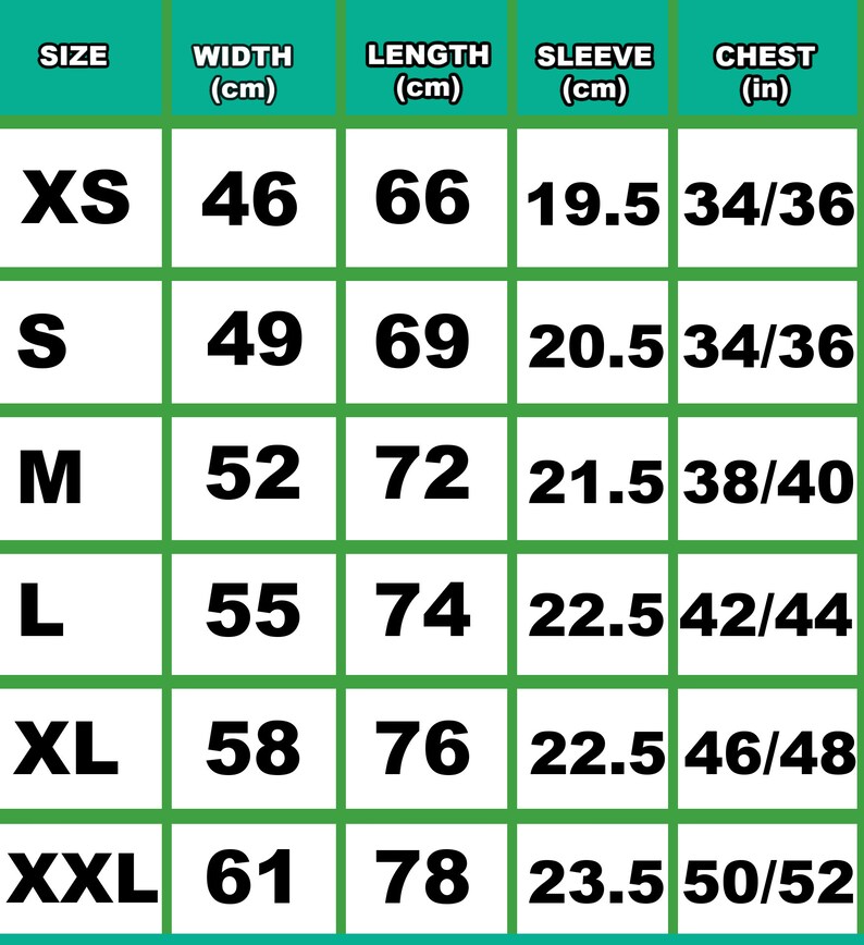 May include: Size chart with measurements in inches and centimetres for XS, S, M, L, XL, and XXL sizes. The chart shows width, length, sleeve length, and chest measurements.