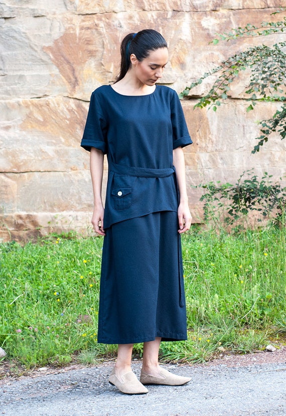 Dunkelblaues Kaftan Kleid Langes Kleid Kurze Armel Kleid Etsy