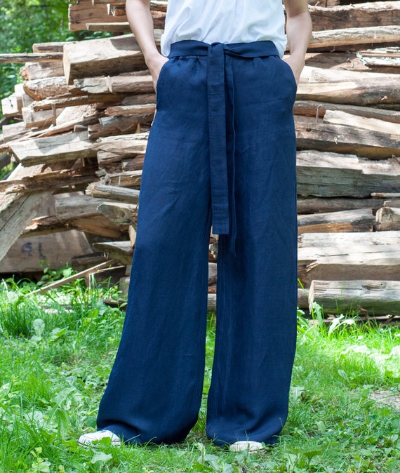 K1702 Women/'s Wide leg linen skirt pantsplus size trousersgrey dark blue oversized casual customized trousersblack asymmetrical pants