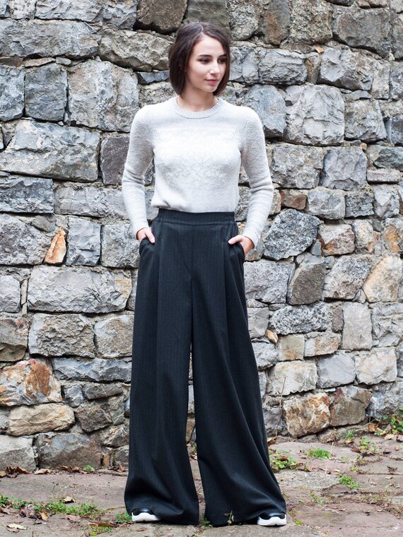 Warme winterbroek Full length broek Dames Wide leg Pants | Etsy België