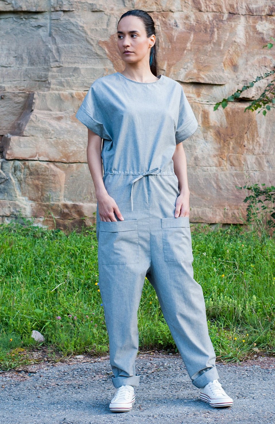Grey Jumpsuit Short Sleeve Jumper Harem 