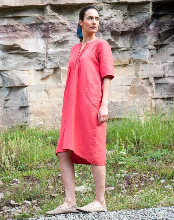 coral linen dress