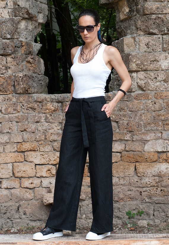 Comprar Pantalon negro Tiffosi Mulan de lino con cinturon para mujer online