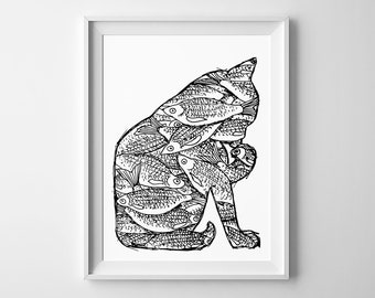 Cat graphic Printable wall art Cute cat with fish Black and white poster Cartoon cat sketch Drawn animal Digital print instant download