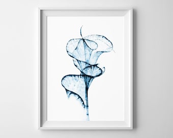 Abstract blue printable wall art Minimalist print modern graphic Ink drawn flower wave poster Digital print instant download