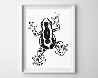 Frog sketch Printable wall art Black and white graphic Drawn cute frog Cartoon baby animal poster Digital print instant download