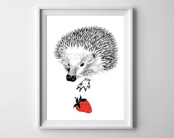 Hedgehog Printable wall art Animal sketch poster Black and white hedgehog with red strawberry Modern graphic Digital print