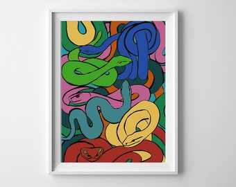 Cartoon Snake Printable wall art Color graphic Drawn snakes print Reptile animal poster Digital print instant download