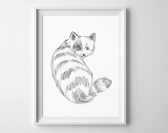 Cat sketch Printable wall art Striped cat pencil drawing Black and white animal Cute tabby kitty Drawn kitten Digital print instant download