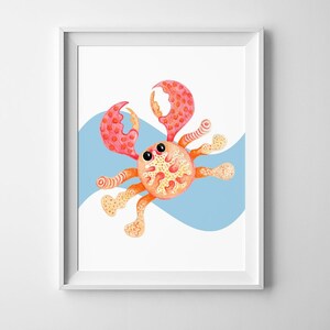 Schattig krab afdrukbare muur kunst Baby krab op blauwe Golf kind tekening afdrukken voor kwekerij zee wezens poster digitaal print instant download