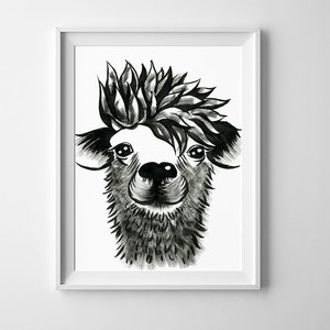 Lama afdrukbare muur kunst zwart-wit dieren schets getrokken Llama afbeelding Lama print leuke alpaca poster digitale print direct downloaden