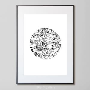 Fish printable wall art Black and white River fish drawing Minimalist graphic art poster Digital print instant download