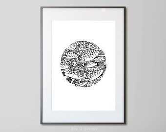 Fish printable wall art Black and white River fish drawing Minimalist graphic art poster Digital print instant download