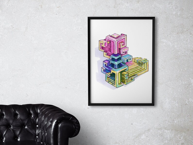 May include: A framed abstract geometric art print featuring a colorful, multi-dimensional cube design in shades of pink, blue, green, and yellow.