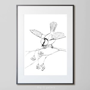Bird Printable wall art. Titbird Black and white drawing. Titmouse sketch. Digital print instant download