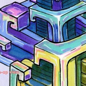 May include: Abstract geometric art piece with a mix of blue, purple, yellow, and green colors. The piece is made up of multiple squares and rectangles that are stacked on top of each other.
