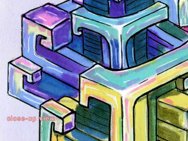 May include: Abstract geometric art piece with a mix of blue, purple, yellow, and green colors. The piece is made up of multiple squares and rectangles that are stacked on top of each other.