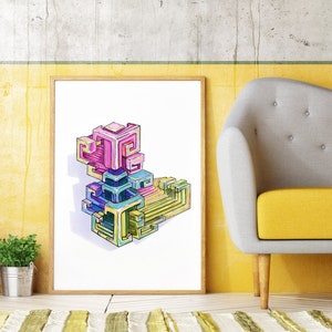 May include: A framed print of a colorful abstract geometric design. The design is made up of overlapping cubes in shades of pink, blue, yellow, and green.