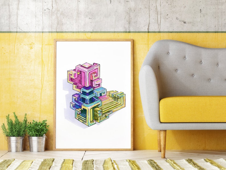 May include: A framed print of a colorful abstract geometric design. The design is made up of overlapping cubes in shades of pink, blue, yellow, and green.