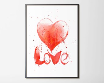 Red heart printable wall art Love print watercolor art Cute heart print Gift for couple Abstract love poster Digital print instant download