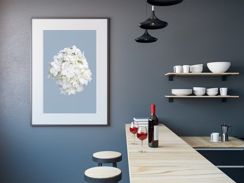 White Hydrangea Printable Wall Art Flower on Blue Art Photography