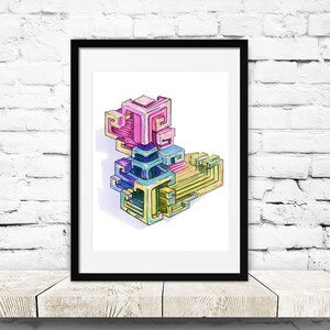May include: Abstract geometric art print featuring a colorful, multi-dimensional cube design in shades of pink, blue, yellow, and green. The artwork is framed in black and displayed on a white brick wall.
